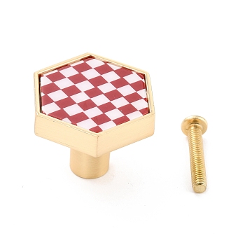 Hexagon with Grid Pattern Brass Box Handles & Knobs, with Resin Cabochons and Iron Screws, Matte Gold Color