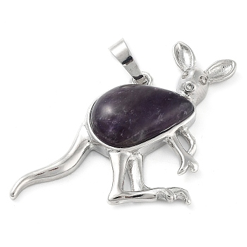 Natural Amethyst Pendants, with Platinum Tone Brass Findings, Kangaroo, 34x48x6.5~7mm, Hole: 5.5x7mm