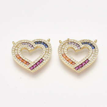 Brass Micro Pave Cubic Zirconia Pendants, Heart, Golden, Colorful, 18.5x20.5x2.5mm, Hole: 1mm