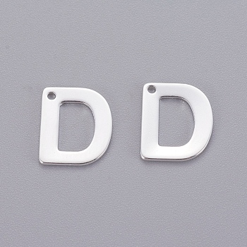 201 Stainless Steel Charms, Letter, Silver Color Plated, Letter.D, 11x9x0.7mm, Hole: 1mm