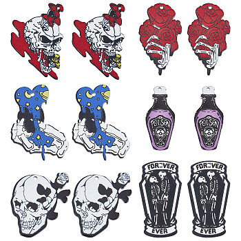 12Pcs 6 Style Halloween Printed Acrylic Pendants, Skull with Mushroom & Skeleton, Mixed Color, 41~45x19.5~33x2~2.5mm, Hole: 1.5~2mm, 2pcs/style