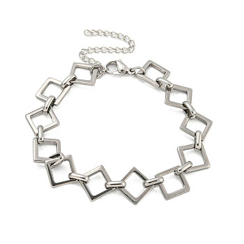 304 Stainless Steel Rhombus Link Chains Bracelets for Men & Women, Stainless Steel Color, 7-1/8 inch(18cm)