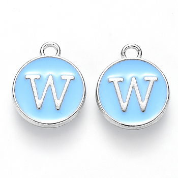 Platinum Plated Alloy Enamel Charms, Cadmium Free & Lead Free, Enamelled Sequins, Flat Round with Letter, Sky Blue, Letter.W, 14x12x2mm, Hole: 1.5mm