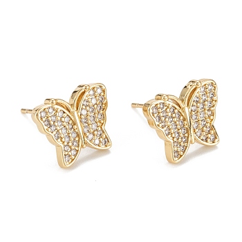 Butterfly Sparkling Cubic Zirconia Stud Earrings for Girl Women, Lead Free & Nickel Free & Cadmium Free, Brass Micro Pave Cubic Zirconia Earrings, Real 18K Gold Plated, 10x12mm, Pin: 0.6mm