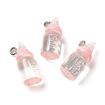 Transparent Resin Pendants, Milk Bottle Charms, with Platinum Tone Zinc Alloy Loops, Pink, 20x9mm, Hole: 2mm