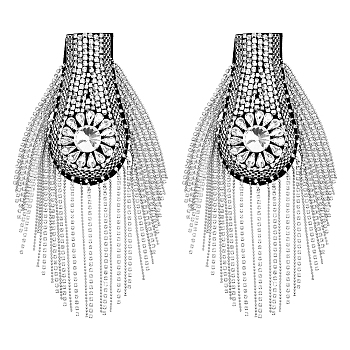 2Pcs Iron & Glass Rhinestone Chain Tassel Fashion Epaulette, Punk Style Rivet Shoulder Badge, with Wool Felt Base, Platinum, 192x50x12mm