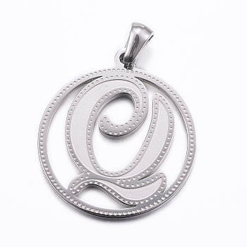 304 Stainless Steel Pendants, Flat Round with Letter, Stainless Steel Color, Letter.Q, 28x25x1.2mm, Hole: 6x3.5mm