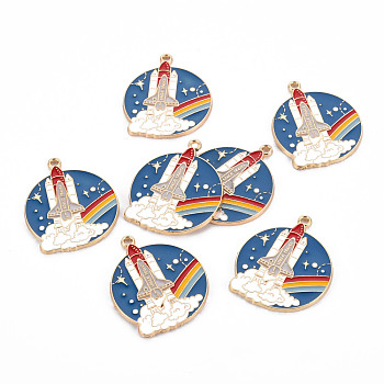 Eco-Friendly Alloy Enamel Pendants, Cadmium Free & Lead Free & Nickel Free, Light Gold, Flat Round with Rocket and Word SPACE TRAVEL, Colorful, 34x28x1.5mm, Hole: 1.8mm