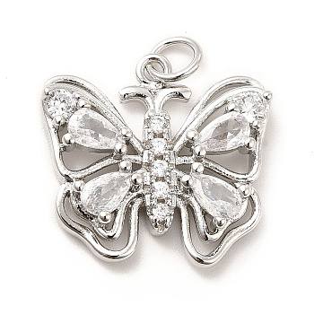 Rack Plating Brass Cubic Zirconia Pendants, Hollow Butterfly Charm, Long-Lasting Plated, with Jump Rings, Cadmium Free & Lead Free, Real Platinum Plated, 18.5x19x4.5mm, Hole: 3mm
