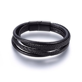 Leather Cord Multi-strand Bracelets, with 304 Stainless Steel Magnetic Clasp, Rectangle, Gunmetal, 7-7/8 inch(20cm), 12x6mm