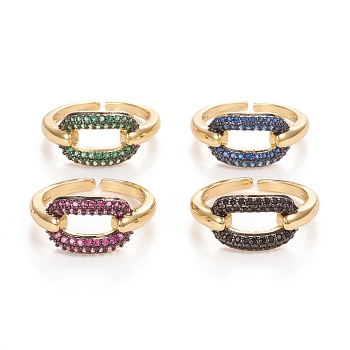 Brass Micro Pave Cubic Zirconia Cuff Rings, Open Rings, Long-Lasting Plated, Oval, Golden, Mixed Color, Size 8, Inner Diameter: 17.5~18mm