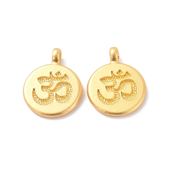 Rack Plating Alloy Pendants, Cadmium Free & Lead Free & Nickle Free, Flat Round with Ohm/Aum Charm, Matte Gold Color, 19x14.5x2mm, Hole: 1.6mm