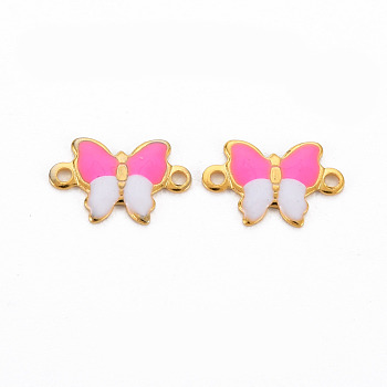 304 Stainless Steel Enamel Links Connectors, Two Tone, Butterfly, Real 16K Gold Plated, Cadmium Free & Nickel Free & Lead Free, Hot Pink, 6.5x10x1mm, Hole: 1mm