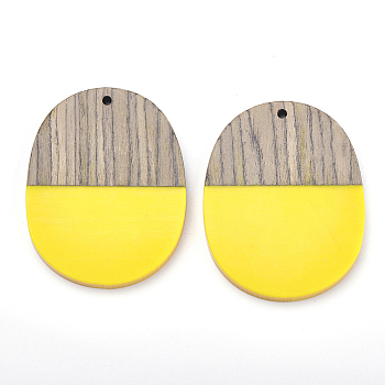 Resin & Wenge Wood Pendants, Oval, Yellow, 44.5x34.5~35.5x3~4mm, Hole: 2mm