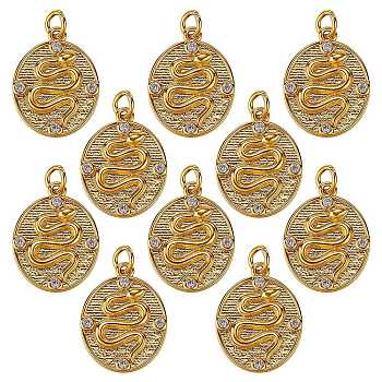 10Pcs Brass Micro Pave Clear Cubic Zirconia Pendants, with Jump Rings, Oval with Snake, Golden, 17x13x2mm, Hole: 3mm