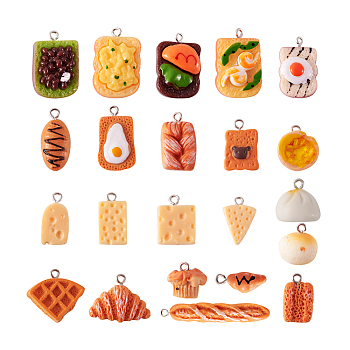 44Pcs 22 Style Resin Pendants, with Platinum Iron Peg Bail, Imitation Food, Mixed Bread Shape, Mixed Color, 13~14x14~15mm, Hole: 2mm