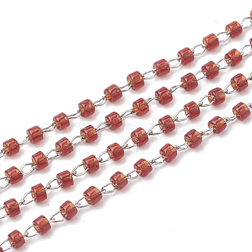 TOHO Japan Import Seed Beads, Handmade Glass Beaded Chains, Soldered, with Stainless Steel Findings, Transparent, Column, with Spool, Stainless Steel Color, Red, 2mm, about 26.24 Feet(8m)/roll(CHS-S003-02)