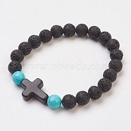 Synthetic Turquoise Beads Stretch Bracelets, with Natural Lava Rock Beads, Round and Cross, 2 inch(5.1cm)(X-BJEW-JB03710-01)