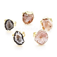 Adjustable Natural Druzy Agate Finger Rings, with Brass Findings, Golden, US Size 8, Inner Diameter: 18~19mm(RJEW-L079-L-G)