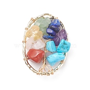 Gemstone Copper Wire Wrapped Chips Pendants, Synthetic Howlite, Natural Red Jasper & Aventurine & Lapis Lazuli & Rose Quartz & Amethyst & Citrine, Golden, Oval with Tree, Light Gold, 30.5x22x7mm, Hole: 1x2.8mm(PALLOY-JF01408-01)