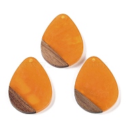 Resin & Wood Pendants, Teardrop Charms, Orange, 35.5x26.5x3mm, Hole: 2mm(WOOD-F015-07D)