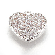 Brass Micro Pave Cubic Zirconia Charms, Heart, Clear, Platinum, 11.5x12x3mm, Hole: 1.2mm(KK-O112-08P)