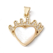 Rack Plating Brass Micro Pave Cubic Zirconia Pendants, with Shell, Long-Lasting Plated, Cadmium Free & Lead Free, Heart with Crown Charm, Real 18K Gold Plated, 23x22x3.5mm, Hole: 5x3mm(KK-E003-23G)