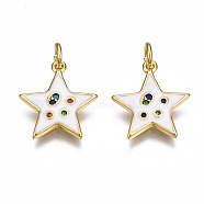 Brass Micro Pave Cubic Zirconia Enamel Charms, with Jump Rings, Nickel Free, Star, Real 16K Gold Plated, White, 15x13.5x2mm, Jump Ring: 5x0.8mm, 3mm inner diameter(ZIRC-Q200-025F-NF)