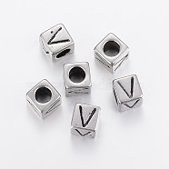 304 Stainless Steel Large Hole Letter European Beads, Cube with Letter.V, Antique Silver, 8x8x8mm, Hole: 5mm(X-STAS-H428-01AS-V)