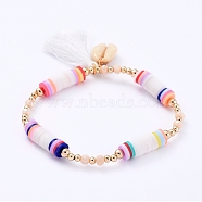 Stretch Charm Bracelets, with Polymer Clay Heishi Beads, Cotton Thread Tassels, Cowrie Shell Beads, Faceted Glass Beads and Brass Beads, White, 2-3/8 inch(6cm)(X-BJEW-JB05093-01)
