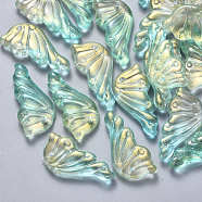 Transparent Spray Painted Glass Pendants, with Glitter Powder, Butterfly Wings, Turquoise, 24x12.5x4mm, Hole: 1.4mm(GLAA-S190-010A-01)