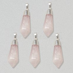 Natural Rose Quartz Pendants, with Silver Brass Findings, Faceted, Bullet, 40x12x11mm, Hole: 7x5mm(G-P445-E12)