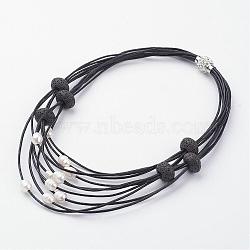 Cowhide Leather Cord Multi Layered Necklaces, with Natural Freshwater Pearl Beads, Lava Rock Beads and Brass Polymer Clay Rhinestone Magnetic Clasps, Black, 16.1 inch(NJEW-JN01730)