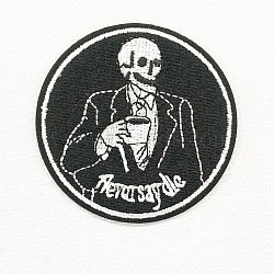 Computerized Embroidery Cloth Iron on/Sew on Patches, Costume Accessories, Appliques, Flat Round with Skeleton Man, Black & White, 69mm(DIY-O003-34)