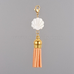 Faux Suede Tassel Big Pendants, with Natural Freshwater Shell Beads and 304 Stainless Steel Lobster Claw Clasps, Orange, 71.5mm(HJEW-JM00387-02)