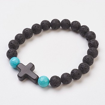 Synthetic Turquoise Beads Stretch Bracelets, with Natural Lava Rock Beads, Round and Cross, 2 inch(5.1cm)