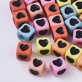 Opaque Acrylic Beads, Cube with Black Heart, Mixed Color, 7x7x7mm, Hole: 4mm, about 2000pcs/500g