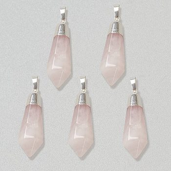 Natural Rose Quartz Pendants, with Silver Brass Findings, Faceted, Bullet, 40x12x11mm, Hole: 7x5mm