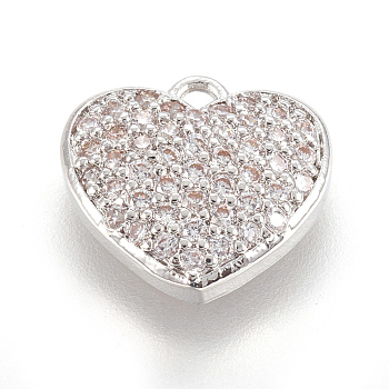 Brass Micro Pave Cubic Zirconia Charms, Heart, Clear, Platinum, 11.5x12x3mm, Hole: 1.2mm