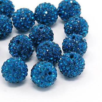 Grade A Rhinestone Beads, Pave Disco Ball Beads, Resin and China Clay, Round, Medium Blue, PP11(1.7~1.8mm), 10mm, Hole: 1.5mm