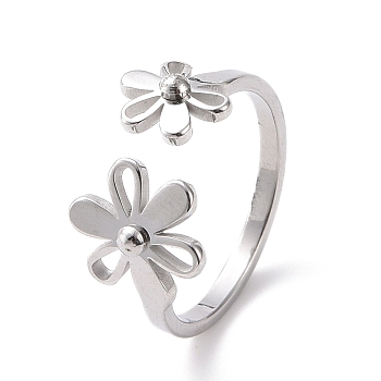 304 Stainless Steel Flower Open Cuff Ring for Women, Stainless Steel Color, US Size 6~9 1/4(16.5~19.1mm)