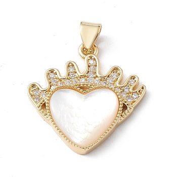 Rack Plating Brass Micro Pave Cubic Zirconia Pendants, with Shell, Long-Lasting Plated, Cadmium Free & Lead Free, Heart with Crown Charm, Real 18K Gold Plated, 23x22x3.5mm, Hole: 5x3mm