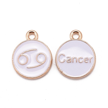 Alloy Enamel Pendants, Cadmium Free & Lead Free, Flat Round with Constellation, Light Gold, White, Cancer, 15x12x2mm, Hole: 1.5mm