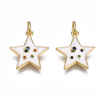 Brass Micro Pave Cubic Zirconia Enamel Charms, with Jump Rings, Nickel Free, Star, Real 16K Gold Plated, White, 15x13.5x2mm, Jump Ring: 5x0.8mm, 3mm inner diameter