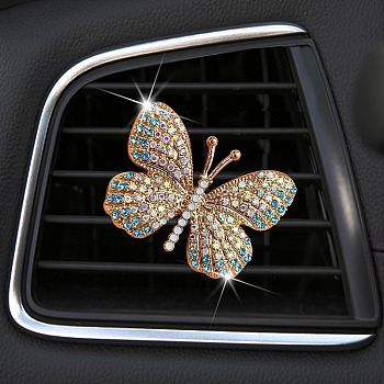 Butterfly Alloy Rhinestone Car Air Vent Clips, Cute Automotive Interior Trim, with Magnetic Ferromanganese Iron & Plastic Clip, Indicolite, 30x40mm
