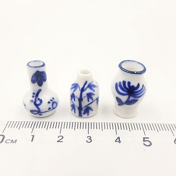 Blue and White Porcelain Vase Miniature Ornaments, Micro Landscape Garden Dollhouse Accessories, Pretending Prop Decorations, Bamboo, Chrysanthemum & Plum Blossom Pattern, White, 13x18~20mm, 3pcs/set