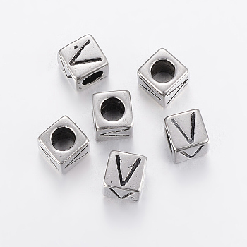 304 Stainless Steel Large Hole Letter European Beads, Cube with Letter.V, Antique Silver, 8x8x8mm, Hole: 5mm