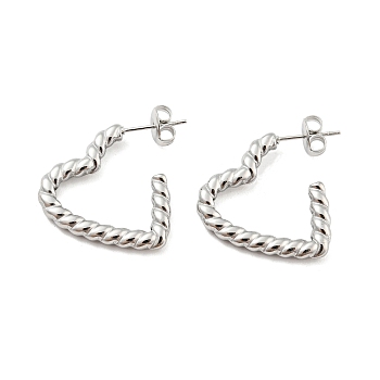 304 Stainless Steel Stud Earring, Half Hoop Earrings for Women, Twist Heart Ring, Stainless Steel Color, 22x3mm