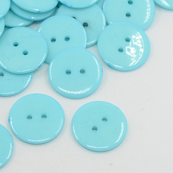 Acrylic Sewing Buttons, Plastic Buttons for Costume Design, 2-Hole, Dyed, Flat Round, Cyan, 15x2mm, Hole: 1mm