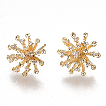 Brass Stud Earring Findings, with Loop and Cubic Zirconia, Real 18K Gold Plated, Flower, Clear, 13.5mm, Hole: 1mm, Pin: 0.8mm